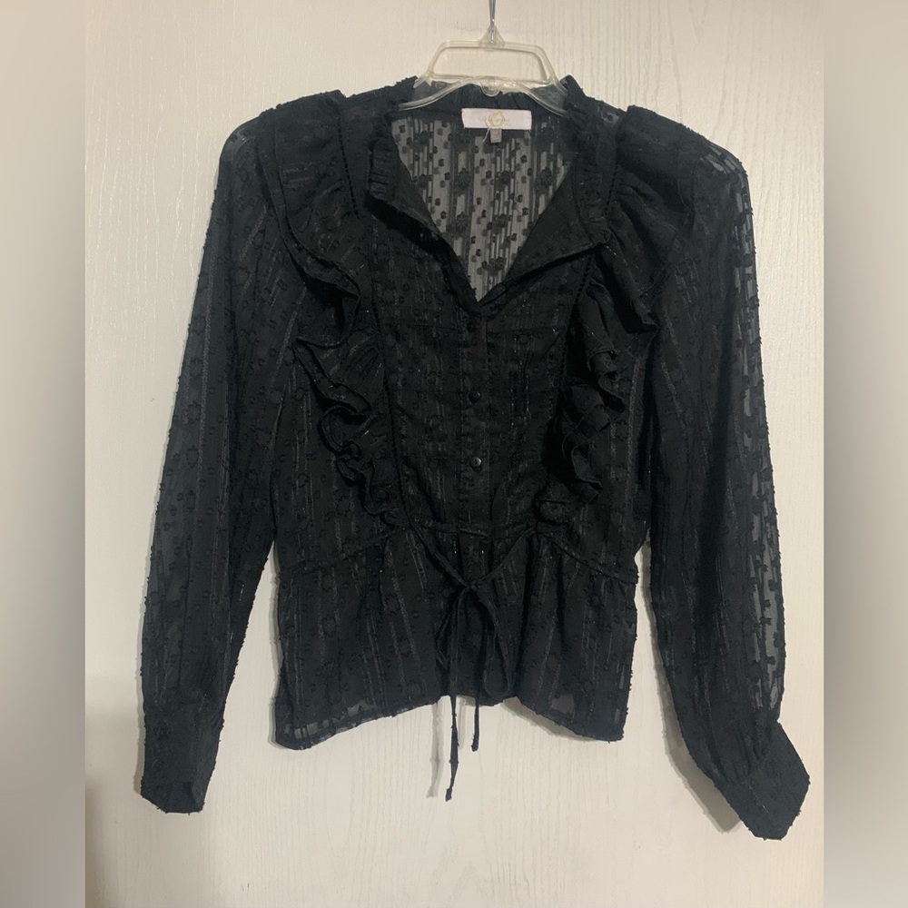 Melograno Rico Sheer Black Ruffled Blouse with Tie Waist